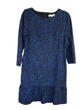 LOFT Floral Jacquard Flounce Dress navy black pattern long sleeves womens size 8